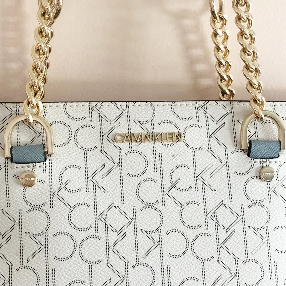 Calvin Klein monogram cream and pale blue Twilight tote purse handbag - Picture 4 of 14